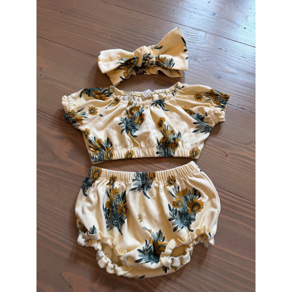 K22 Kate Quinn Organic Cotton 3pc Set Floral Crop Top Bloomers Headband 18-24M
